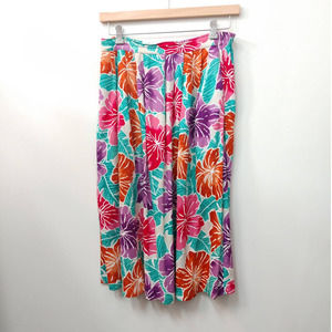 Vintage Floral Midi Skirt Bright Pink Purple Orange Green Size 10 Large